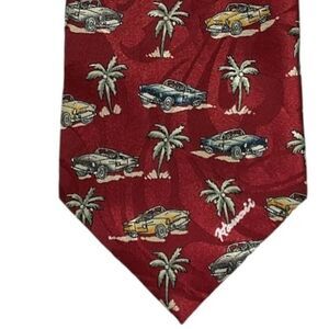 Tropical Hawaii Men's Cars Palm Trees Silk Necktie Burgundy‎ Retro Classic